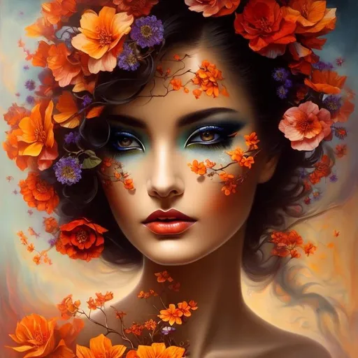 Prompt: Beautiful  hybrid woman with orange flowers sprouting from her, oil painting, detailed fiery eyes, ethereal glow, dark and mysterious, high quality, vibrant colors, surreal, haunting, intricate floral details, intense gaze, mystical atmosphere, oil painting, demon, hybrid, fiery eyes, ethereal, vibrant colors, surreal, haunting, floral details, intense gaze, mystical atmosphere