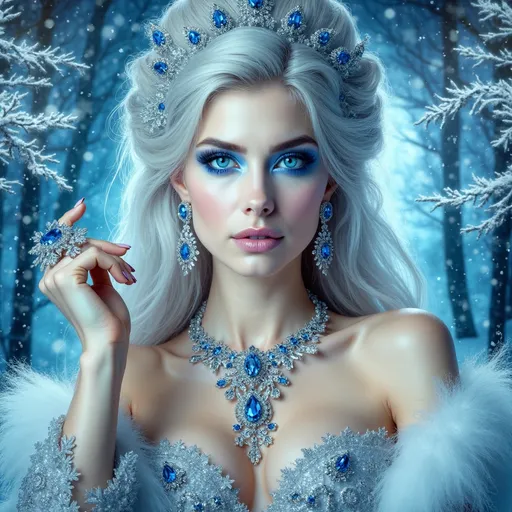 Prompt: Snow queen, elegant and majestic, adorned in exquisite sapphire jewelry, striking blue eyes, flowing icy gown shimmering in frosty light, ethereal and commanding presence, glistening snowflakes surrounding her, magical winter landscape in the background, high-quality detail, mesmerizing atmosphere, enchanting and mystical ambiance, ultra-detailed, vibrant colors, cinematic quality.