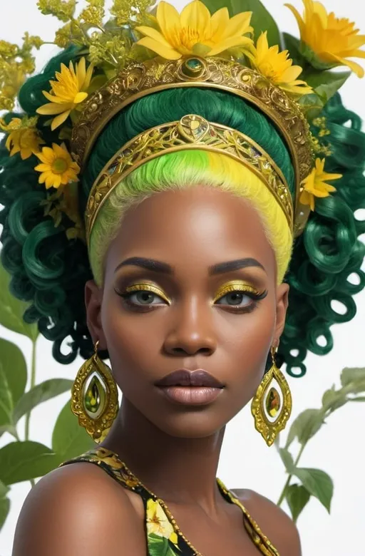 Prompt: <mymodel>In a majestic detailed floral the mystical Empress, a black woman with green and yellow hair, stands tall amidst vibrant flora, embodying divine grace and feminine power.