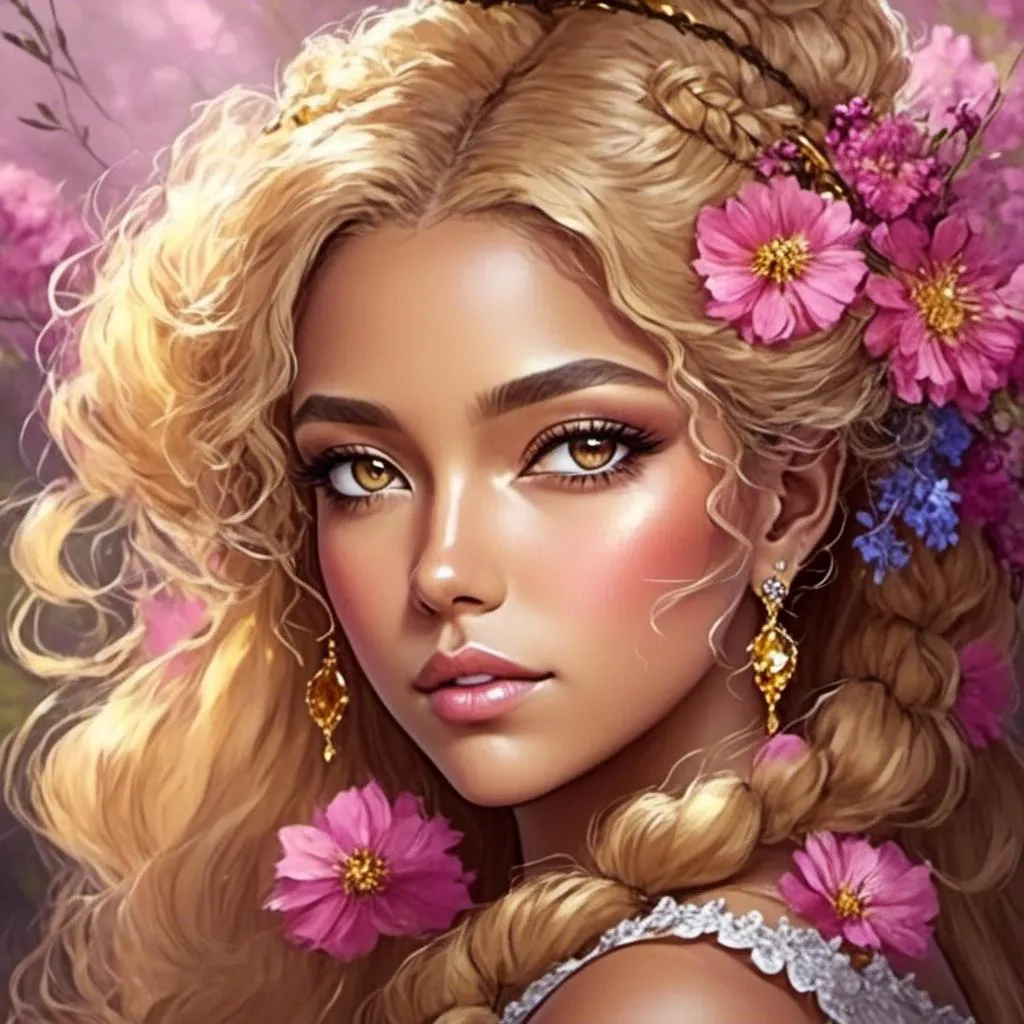 Prompt: a young fairy of spring, very curly hair, pink glow on cheeks,wildflowers, vivid colors, closeup<mymodel>