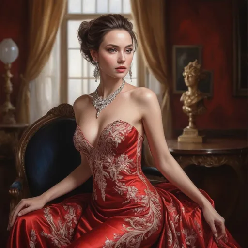 Prompt: <mymodel>Realistic oil painting of a powerful and elegant woman, flowing red gown, intricate jewelry, captivating gaze, detailed facial features, high quality, realistic, oil painting, elegant, flowing gown, powerful, captivating gaze, detailed facial features, intricate jewelry, professional lighting