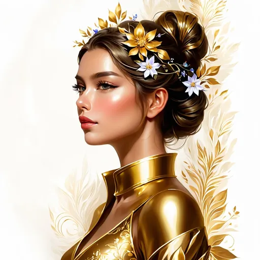 Prompt: a painting of a woman with flowers in her hair and a gold dress on her head and shoulders, with a golden background, Artgerm, fantasy art, highly detailed digital painting, a detailed painting