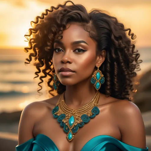 Prompt: Bathed in the warm glow of a golden sunset, a striking black  woman with voluminous, curly hair gazes confidently into the distance. She wears a stunning teal gown adorned with intricate embellishments, which accentuates her radiant skin and graceful demeanor. Adorned with elegant turquoise earrings and a matching necklace, she exudes an aura of sophistication and beauty. The backdrop reveals a picturesque view of softly blurred architecture and lush greenery, complementing the serene atmosphere. The soft focus and vibrant colors create an enchanting mood, capturing a moment of timeless elegance and allure.