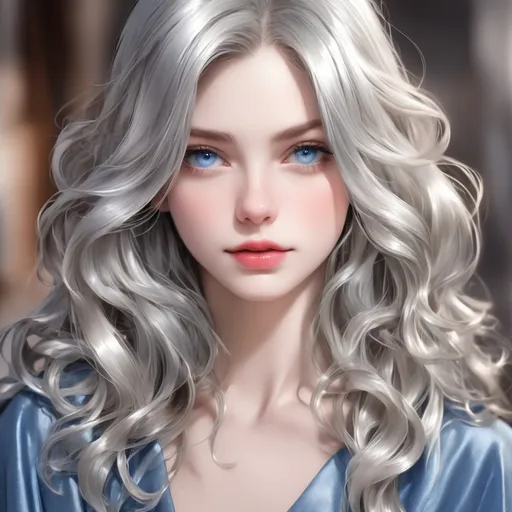 Prompt: A beautiful woman with shiny silver hair and blue eyes