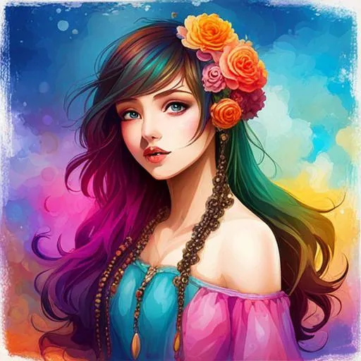 Prompt: colorful image of a young lady