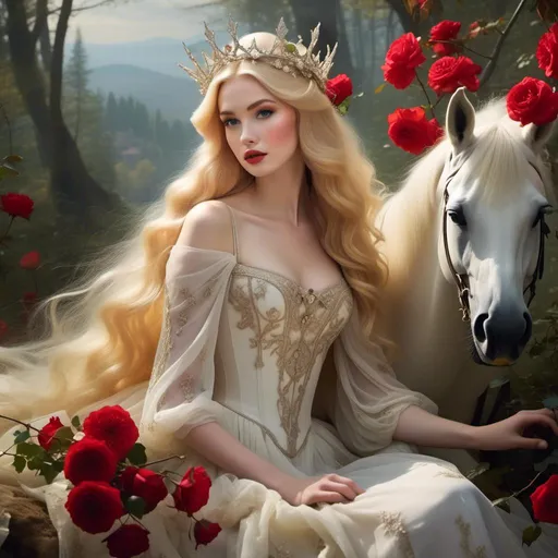 Prompt: <mymodel>Fairy tale, beautiful girl with white skin, (perfect face), light golden hair, blue pupils, red lips, forest style, mysterious, vintage fashion-dresses, with a transparent crystal crown on her head, the woman's body is so white Glows, (high detail) sitting on an oversized red rose, hyperdetail, ultra high definition.<mymodel>