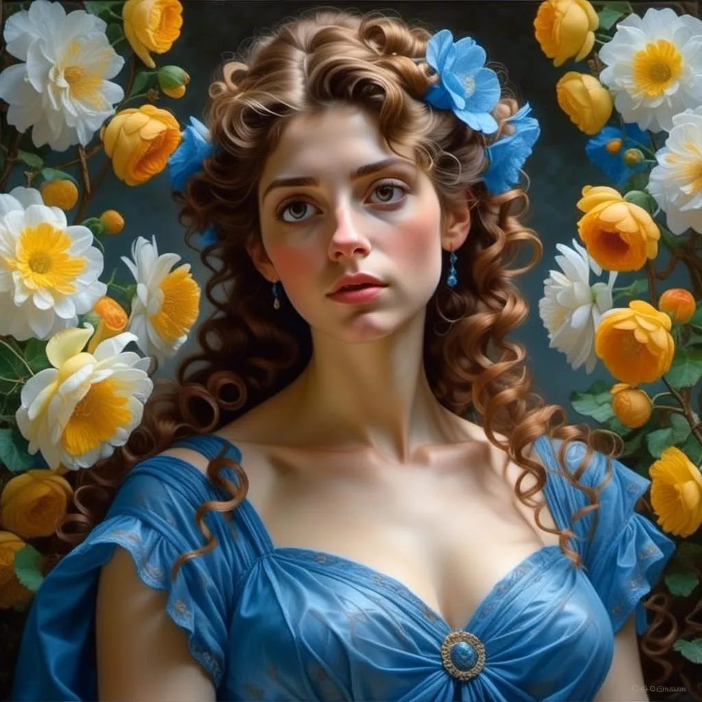 Prompt: <mymodel> a painting of a woman with flowers in her hair and a blue dress  Donato Giancola, figurative art, extremely detailed oil painting, a hyperrealistic painting