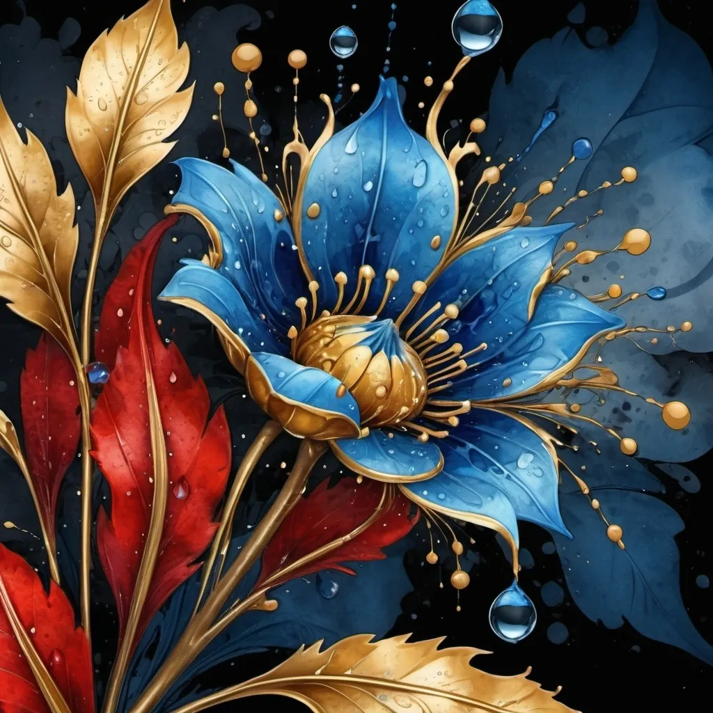 Prompt: digital watercolor painting, a painting of a blue and gold flower with drops of water on it's petals and leaves on the petals, Android Jones, generative art, fractals, an airbrush painting, paint splatter, black and red, bold brush strokes, art nouveau