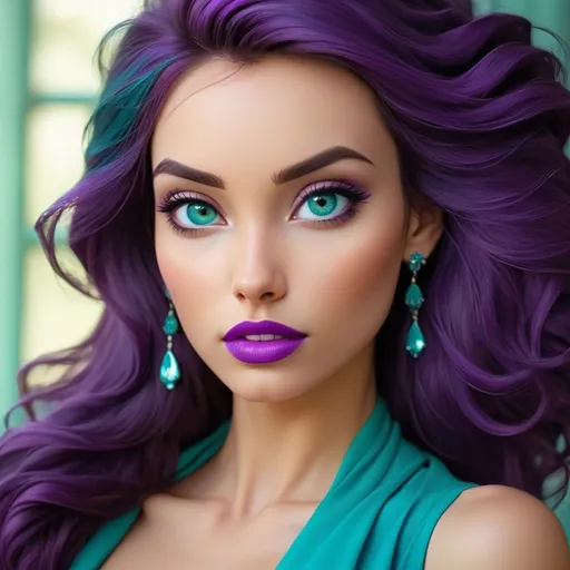 Prompt: Beautiful woman, purple and teal