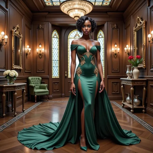 Prompt: Elegantly poised in a stunning green gown, a woman stands in a luxurious setting that exudes timeless sophistication. The intricately designed dress hugs her form, featuring ornate gold detailing that accentuates her silhouette against the rich wood paneling of the opulent room. Tall stained glass windows allow soft light to filter in, highlighting the elegant furnishings, including a vintage ornate table and a plush green chair nearby. With a serene expression and a vintage hairstyle, she embodies grace and confidence, creating a captivating narrative of glamour and refinement. The overall ambiance suggests an evening of high society, merging classic beauty with contemporary flair.