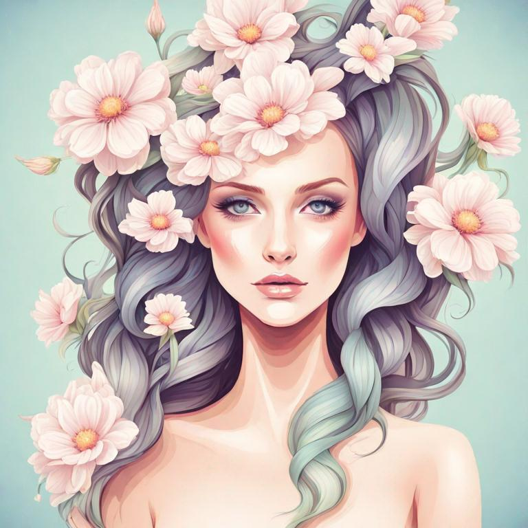 Prompt: Beautiful creation, woman with flowers in her hair, pastel colors