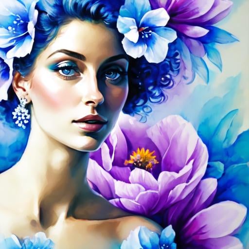 Prompt: beautiful woman, ethereal,dreamscape,, pale blue colors, flowers, closeup