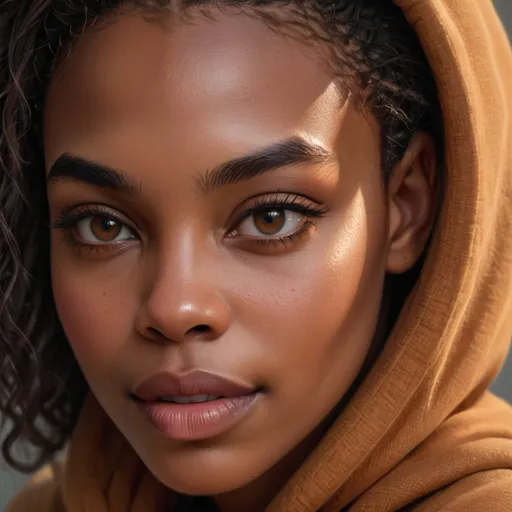 Prompt: Captivating warmth radiates from the stunning portrait of a young black woman wrapped in a soft, brown hoodie that frames her face elegantly. Her deep brown eyes, accentuated with delicate lashes and perfectly arched eyebrows, draw the viewer in, while her smooth, glowing skin and subtle lip color reflect a natural allure. The interplay of light highlights her strong jawline and the graceful contours of her cheeks, conveying a sense of confidence and poise. Soft, blurred tones in the background hint at an autumnal setting, evoking a peaceful yet vibrant atmosphere, perfectly complementing the subject's serene expression and inviting gaze. The overall composition captures a moment of intimate beauty, blending warmth and tranquility seamlessly.