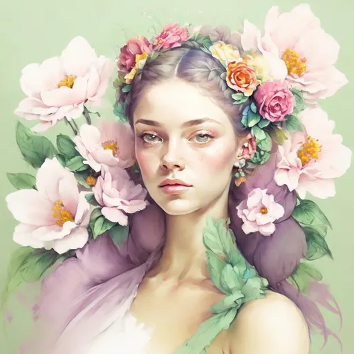 Prompt: Beautiful creation, woman with flowers in her hair, pastel colors