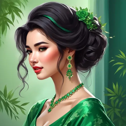 Prompt: <mymodel>Detailed illustration of a asian woman in vibrant green attire, large vivid green eyes, elegant makeup, digital painting, high resolution, realistic style, vibrant green, professional lighting