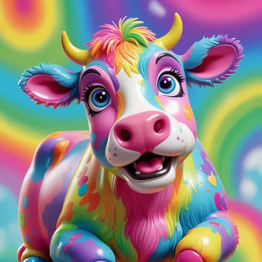 Prompt: Colorful Lisa Frank-style illustration of a playful cow toy, vibrant rainbow colors, whimsical and lively, soft pastel hues, detailed fur with fun patterns, big shiny eyes, cute and cheerful expression, glossy plastic material, artistic, Lisa Frank style, vibrant colors, whimsical, pastel tones, detailed fur, playful expression, glossy material, high quality