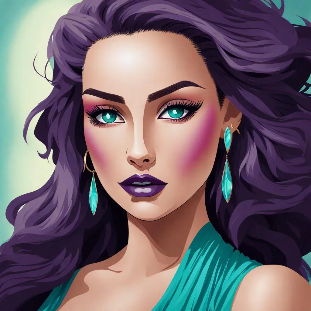 Prompt:  illustration of a young woman with beautiful silver hair, aqua and purple tones, elaborate jewelry, detailed makeup, colorful attire