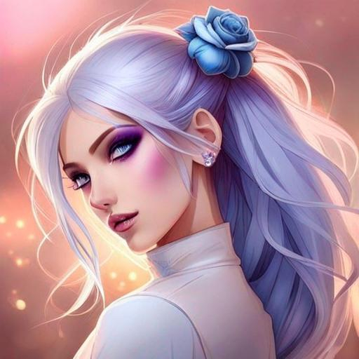 Prompt: A beautiful woman, white hair with pastel purple highlights, violet eyes, blue eyeshadow, pastel blue roses in her hair, blue jewels on forehead, cartoon style