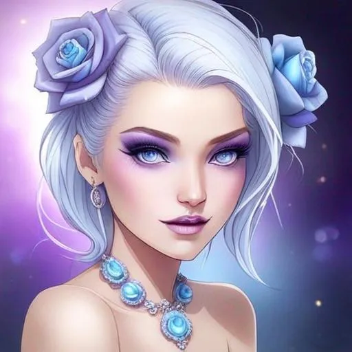 Prompt: A beautiful woman, white hair with pastel purple highlights, violet eyes, blue eyeshadow, pastel blue roses in her hair, blue jewels on forehead, cartoon style