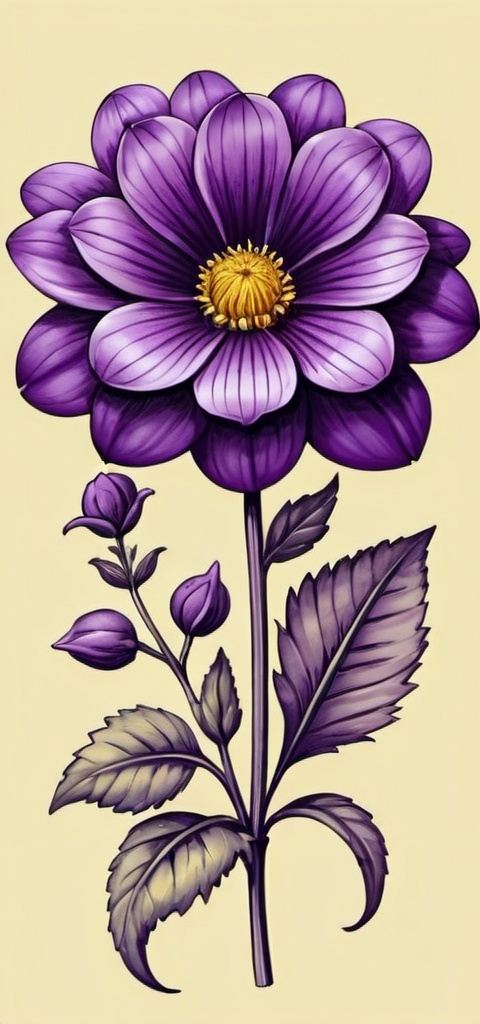 Prompt: Large beautiful purple flower, hyperrealistic, facing front with smaller flowers surrounding, 2d, clipart. illustration done in pen, on a creamy yellow background