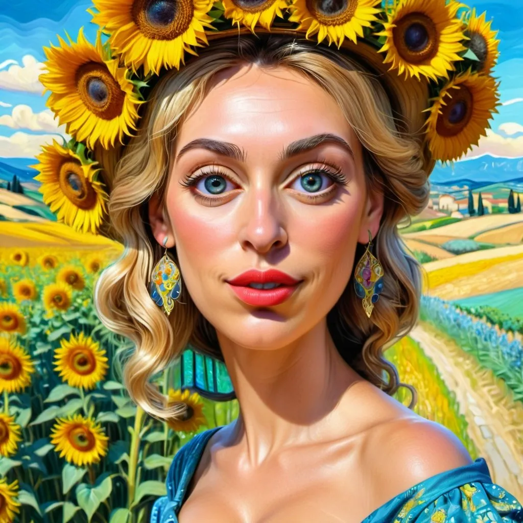 Prompt: <mymodel>Beautiful italian lady in an beautiful landscape of Umbrië, Style Flora Bowley and Vincent van Gogh,8k, dynamic lighting, ultra detailed