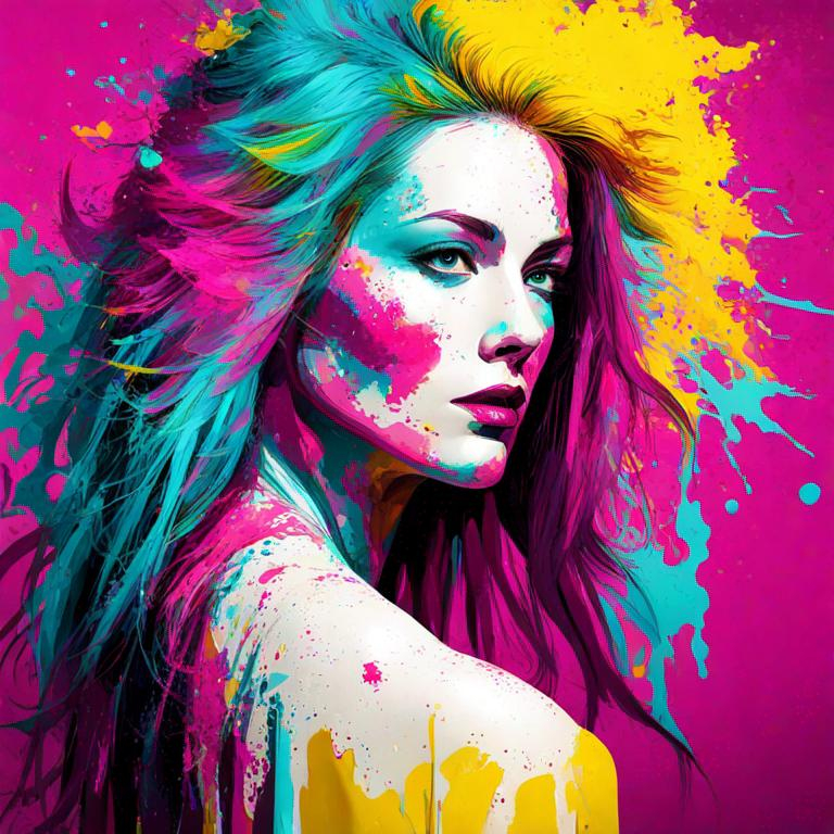 Prompt: woman, magenta and turquoise paint splatter