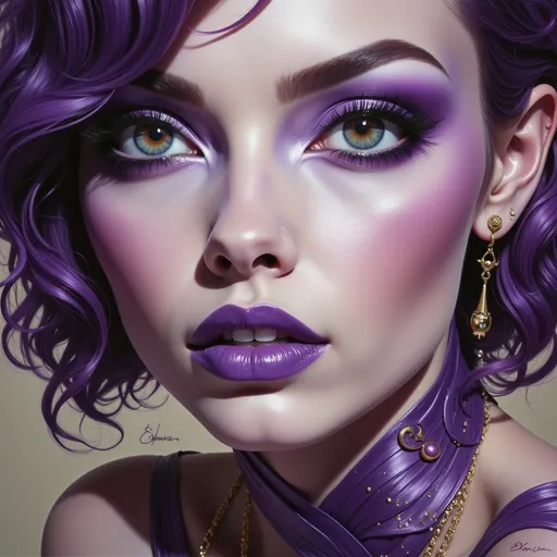 Prompt: a painting of a woman with purple makeup and purple hair and purple lipstick on her lips and purple dress, Edwin Georgi, hyperrealism, extremely detailed oil painting, a hyperrealistic painting