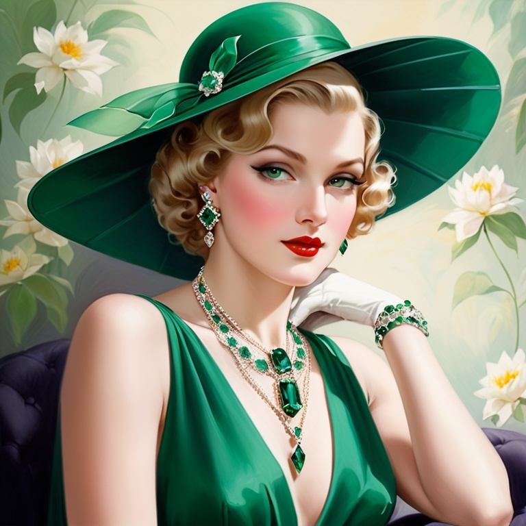 Prompt: Glamorously dressed lady of rhe 1930's wearing emerald jewelry