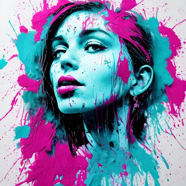 Prompt: woman, magenta and turquoise paint splatter