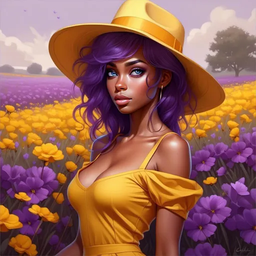 Prompt: a painting of a woman with purple hair and a yellow hat in a field of flowers with purple flowers, Charlie Bowater, fantasy art, highly detailed digital painting, a detailed painting <mymodel>