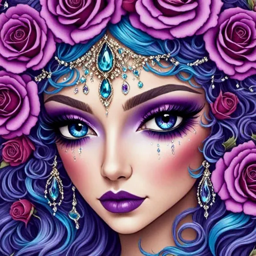 Prompt: <mymodel> peacock fairy goddess, purple roses, facial closeup