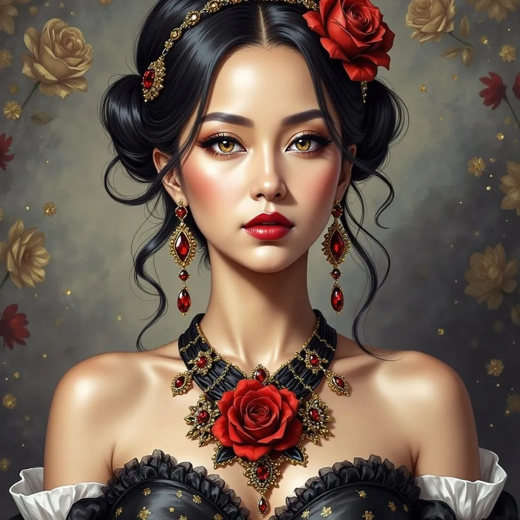 Prompt: a woman with black hair a red rose in her hair and a necklacer, Edwin Georgi, gothic art, highly detailed digital painting, a photorealistic painting