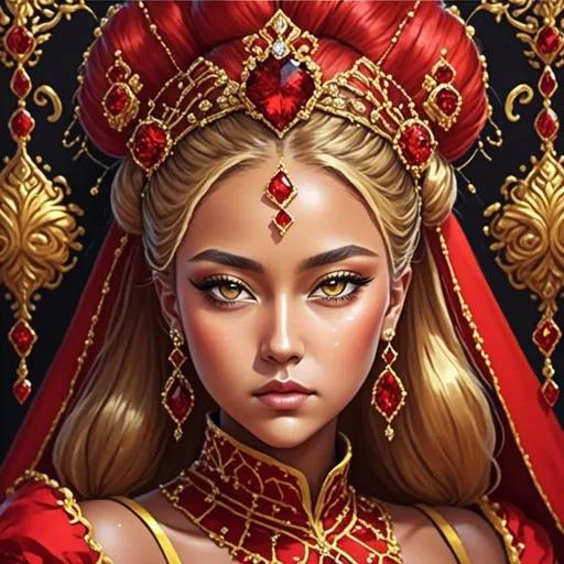 Prompt: <mymodel> Vibrant red and gold painting, intricate details, rich color tones, luxurious royal theme, high quality, oil painting, detailed patterns, opulent and regal, detailed facial features, golden ornaments, majestic and grand, vibrant lighting, 4k, ultra-detailed, opulent, royal theme, rich colors, oil painting, intricate details, luxurious, regal, vibrant red, vibrant gold, detailed facial features, majestic, grand