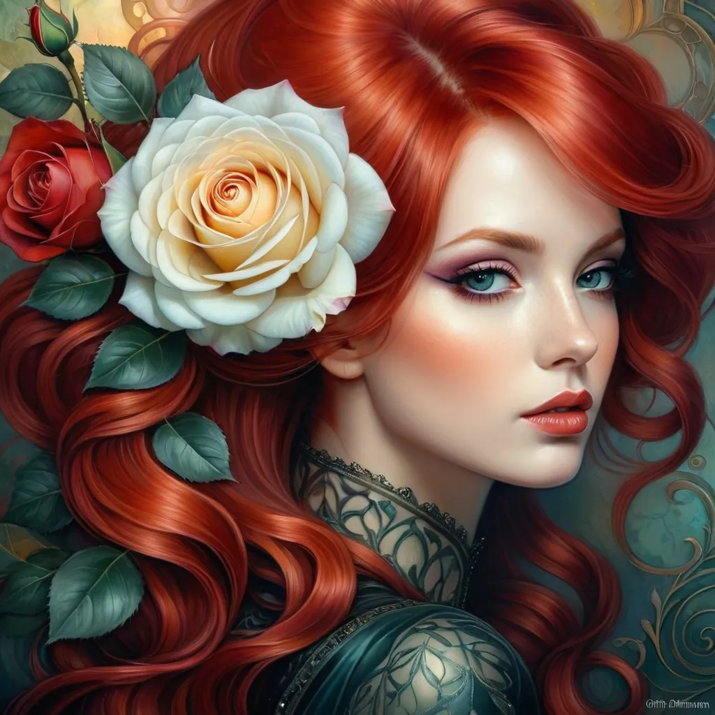 Prompt: <mymodel> a woman with red hair and a rose in her hair is shown in this painting of a woman with red hair and a rose in her hair, Anna Dittmann, gothic art, highly detailed digital painting, a detailed painting