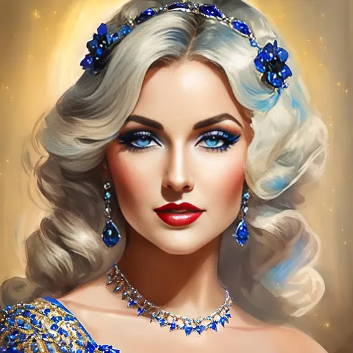 Prompt: <mymodel>Glamorously dressed lady of rhe 1930's wearing sapphire jewelry,blue eyes