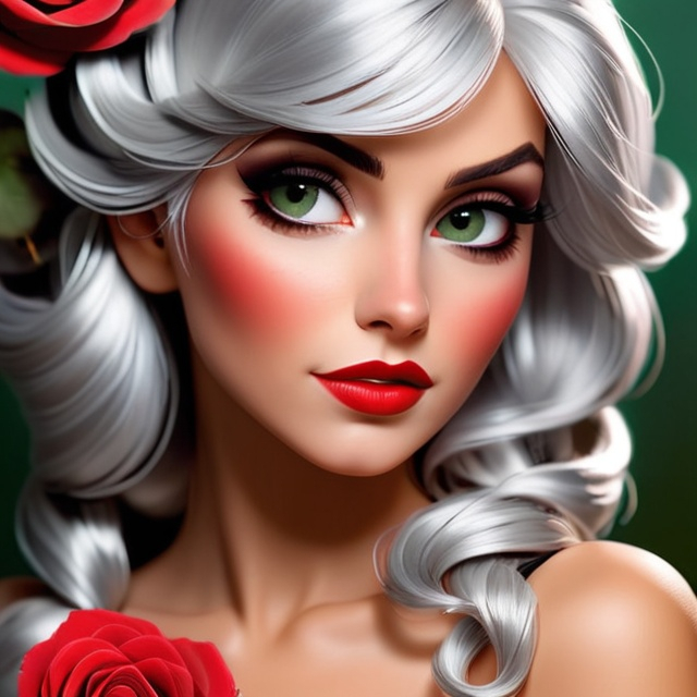 Prompt: A beautiful woman with shiny silver hair, beautiful makeup, wearing a red rose in her hair