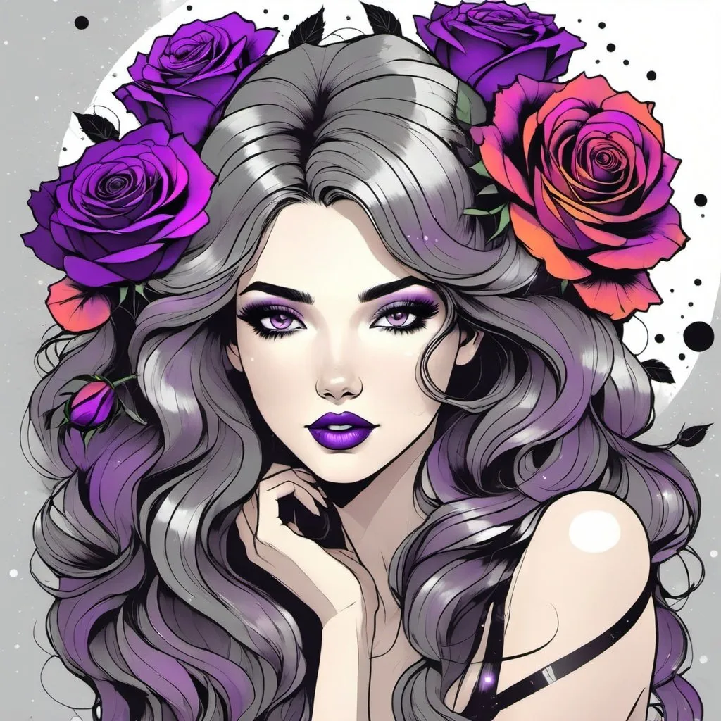 Prompt: Cosmic Epic Beauty, Beautiful and Gorgeous, purple roses in hair