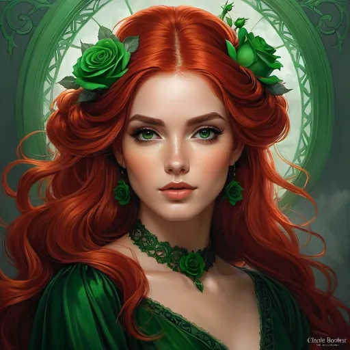 Prompt: <mymodel> a painting of a woman with red hair and a green dress with a rose in her hair and a green rose in her hair, Charlie Bowater, gothic art, highly detailed digital painting, a detailed painting