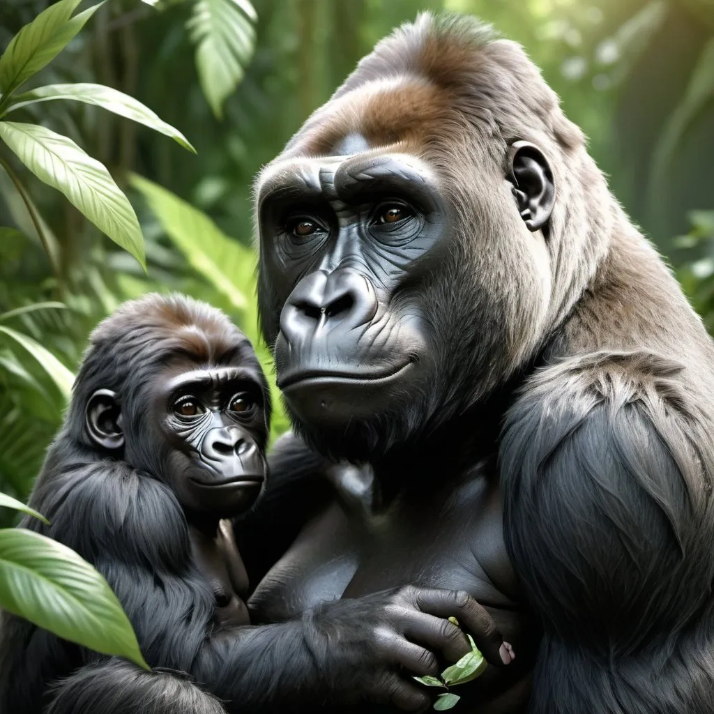 Prompt: Loving, Affectionate Mother Gorilla, realistic 3D rendering, lush jungle backdrop, gentle expression, nurturing gaze, detailed fur with soft highlights, highres, realistic, lush green tones, warm natural lighting