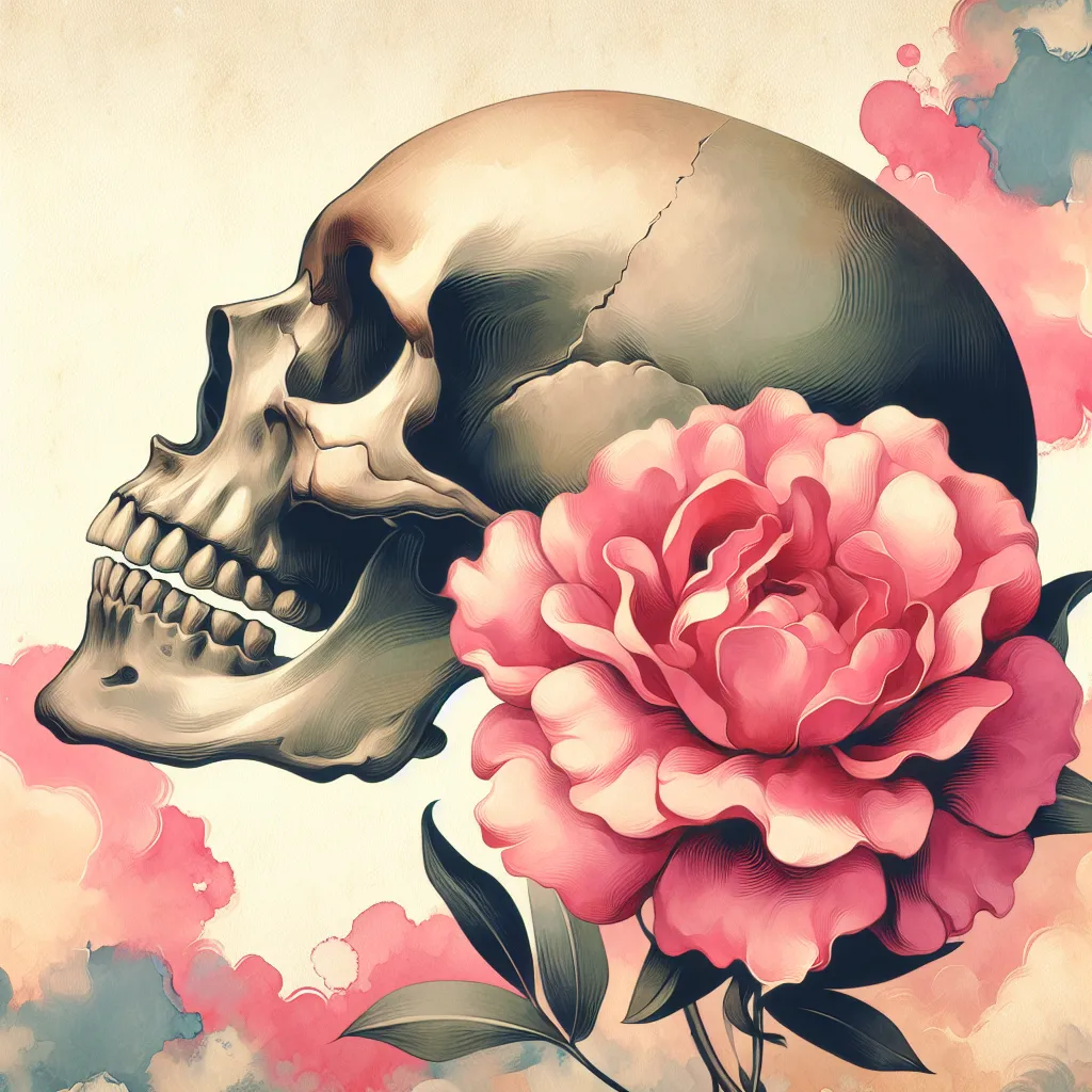 Prompt: a skull with a pink flower in its mouth, on a pastel background, Conrad Roset, pop surrealism, watercolor, a watercolor painting