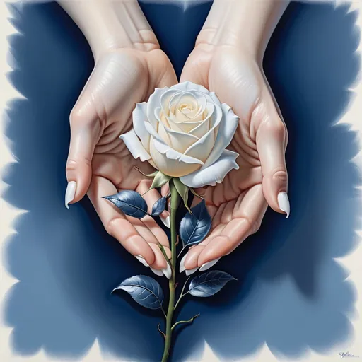 Prompt: Delicate hands cradle a pristine white rose, showcasing both tenderness and care against a deep blue backdrop that enhances the floral beauty. The hands, painted with detailed realism, exhibit a range of textures—from the smoothness of polished nails to the fine lines of the skin—contributing to a sense of intimacy and warmth. The rose, intricate in its detailing with soft petals and vibrant green leaves, stands out starkly, symbolizing purity and elegance. The composition, with its contrasting colors and soft, painterly texture, evokes feelings of serenity and tenderness, inviting viewers to appreciate the gentle act of nurturing beauty. This image encapsulates a moment of quiet reverence, where nature and human touch harmoniously intersect.