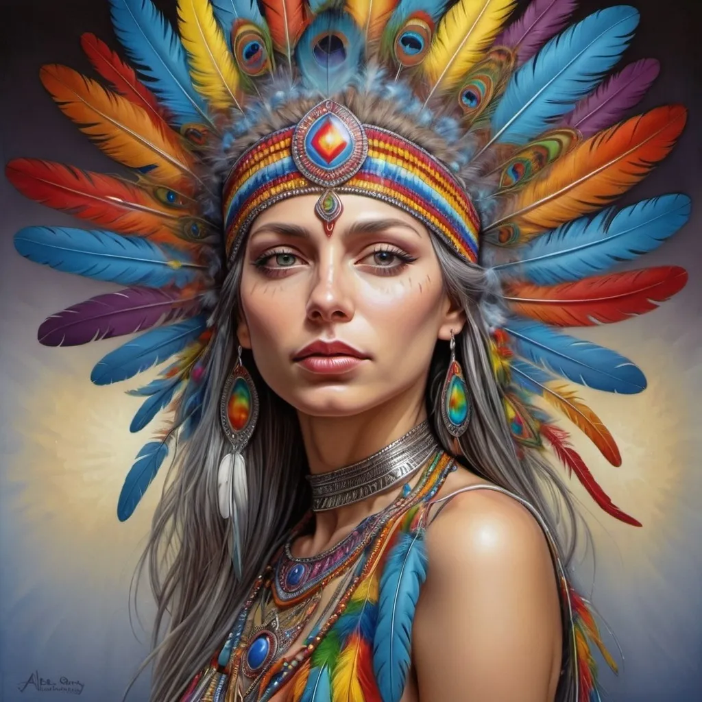 Prompt: a woman with a colorful headdress and feathers on her head is shown in this painting of a woman with a colorful headdress, Alex Grey, fantasy art, highly detailed digital painting, a photorealistic painting