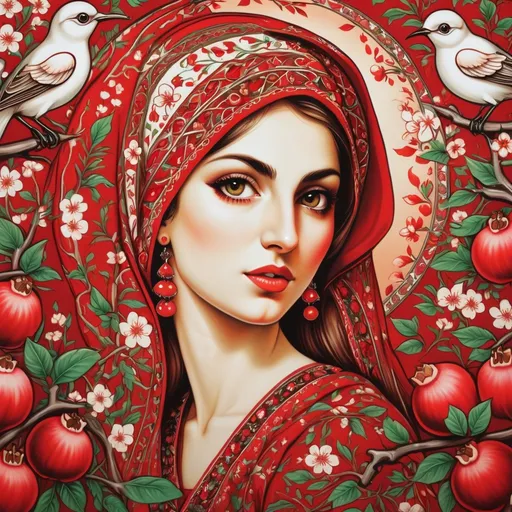 Prompt: A colorful design in the dimensions of 140centimeteres by 140 centimeters. It's main theme is red and white. There are pomegranates and cherry blossoms. with some green leaves and branches. It has some birds. Traditional Iranian style