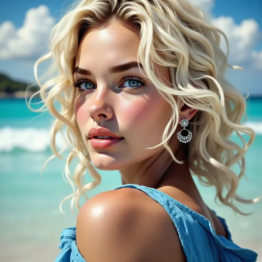 Prompt: Golden sunlight illuminates a stunning young woman standing by the serene turquoise ocean, her wavy, blonde hair tousled by the gentle seaside breeze. With striking blue eyes that glisten like the water behind her, she gazes confidently over her shoulder, the sun casting a warm glow on her flawless, sun-kissed skin. Dressed in a soft, flowing blue attire that complements the coastal setting, she adds a touch of elegance with delicate jewelry glistening at her ears and neckline. The background features a clear sky dotted with fluffy white clouds, enhancing the tranquil, summer vibe of the scene, which radiates beauty and carefree spirit.