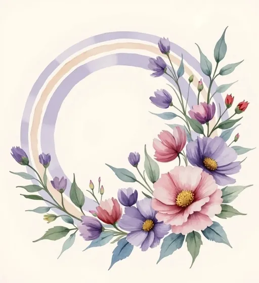 Prompt: This image is a watercolor painting of a circular floral mandala. The mandala is composed of variously sized flowers and leaves arranged in concentric circles. At the center is a large, pink flower with a detailed, layered petal structure. Surrounding the central flower, there are smaller purple flowers, each with subtle shading and soft edges, creating a sense of depth. Interspersed among the purple flowers are green leaves with delicate, translucent washes, adding a touch of freshness to the composition.

The outermost circle features a mix of flowers and leaves in muted colors, including shades of red, blue, and beige. These flowers and leaves are more sparse than those in the inner circles, allowing the central elements to stand out. The background is a plain, off-white color, which helps to highlight the vibrant and delicate watercolor washes of the flowers and leaves. The overall texture of the painting is soft and fluid, characteristic of watercolor, with gentle gradients and subtle blending of colors. The style is whimsical and delicate, evoking a sense of calm and natural beauty. The painting is centered on the canvas, with equal spacing between each concentric circle.