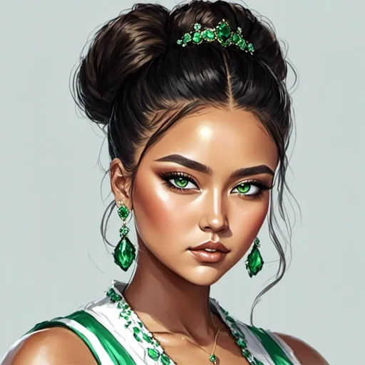 Prompt: <mymodel>Detailed illustration of a asian woman in vibrant green attire, large vivid green eyes, elegant makeup, digital painting, high resolution, realistic style, vibrant green, professional lighting