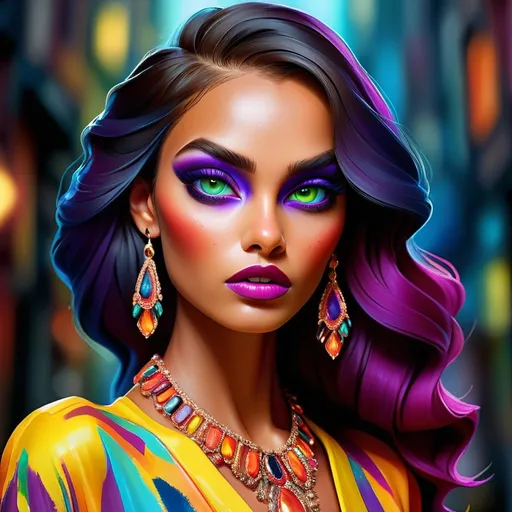 Prompt: digital painting, dramatic colourful makeup, high fashion, intense gaze, realistic portrayal, vibrant colors, detailed features, highres, professional, dramatic, realistic, digital painting, intense gaze, vibrant colors, detailed features, high fashion, glamorous lighting