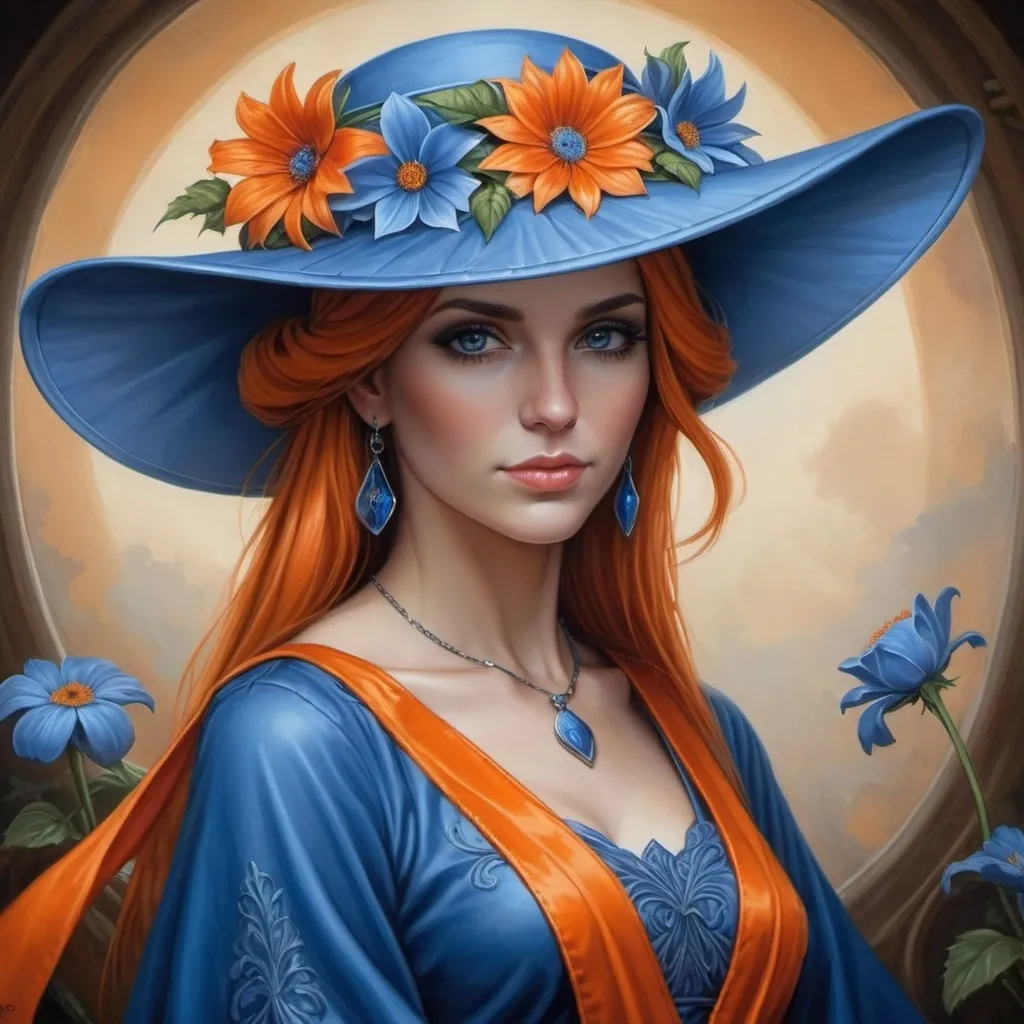 Prompt: a woman wearing a blue hat with  orange flowers on it's head and a blue dress with a orange  sash, Anne Stokes, fantasy art,, a detailed painting