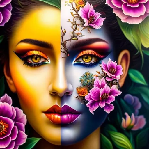 Prompt: Beautiful  hybrid woman with orange flowers sprouting from her, oil painting, detailed fiery eyes, ethereal glow, dark and mysterious, high quality, vibrant colors, surreal, haunting, intricate floral details, intense gaze, mystical atmosphere, oil painting, demon, hybrid, fiery eyes, ethereal, vibrant colors, surreal, haunting, floral details, intense gaze, mystical atmosphere