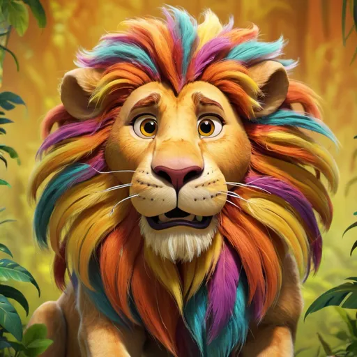 Prompt: Cartoon drawing of a lion, vibrant colors, playful and friendly expression, jungle setting, detailed fur with lively texture, high quality, cartoon style, vibrant tones, jungle lighting